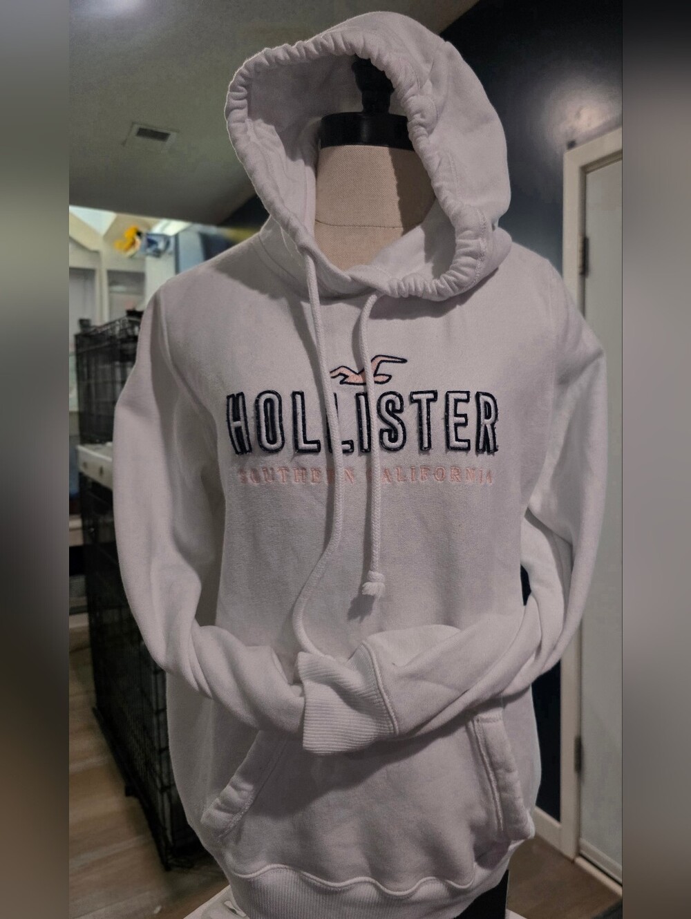 Hollister White Crewneck Hoodie with Embroidered Logo